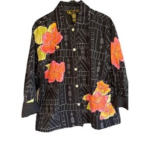 Mirasol Womens Linen Blend Blouse Size L Floral Button Front 3/4 Sleeve Collared